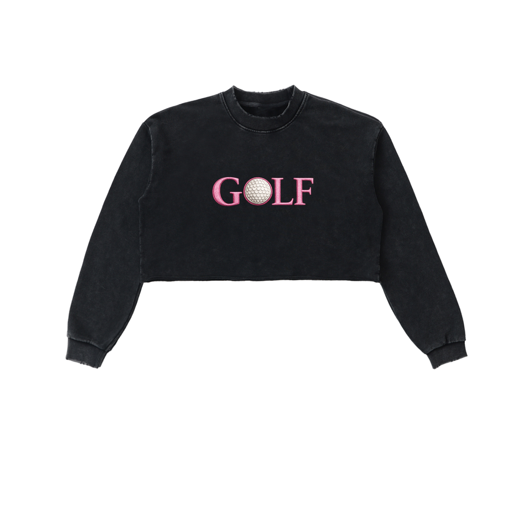 Zero Zen Golf Back Nine Crop Sweatshirt in black — women's snow-washed raw edge crop sweatshirt, featured photo
