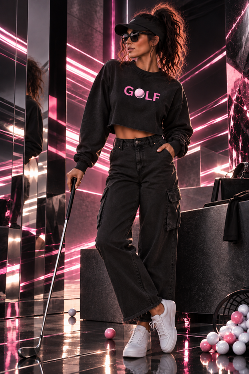 A woman modeling a black cropped sweatshirt with 'GOLF' printed in pink and white across the chest, paired with black cargo pants and white sneakers, holding a golf club in a mirrored studio setting with pink lighting.