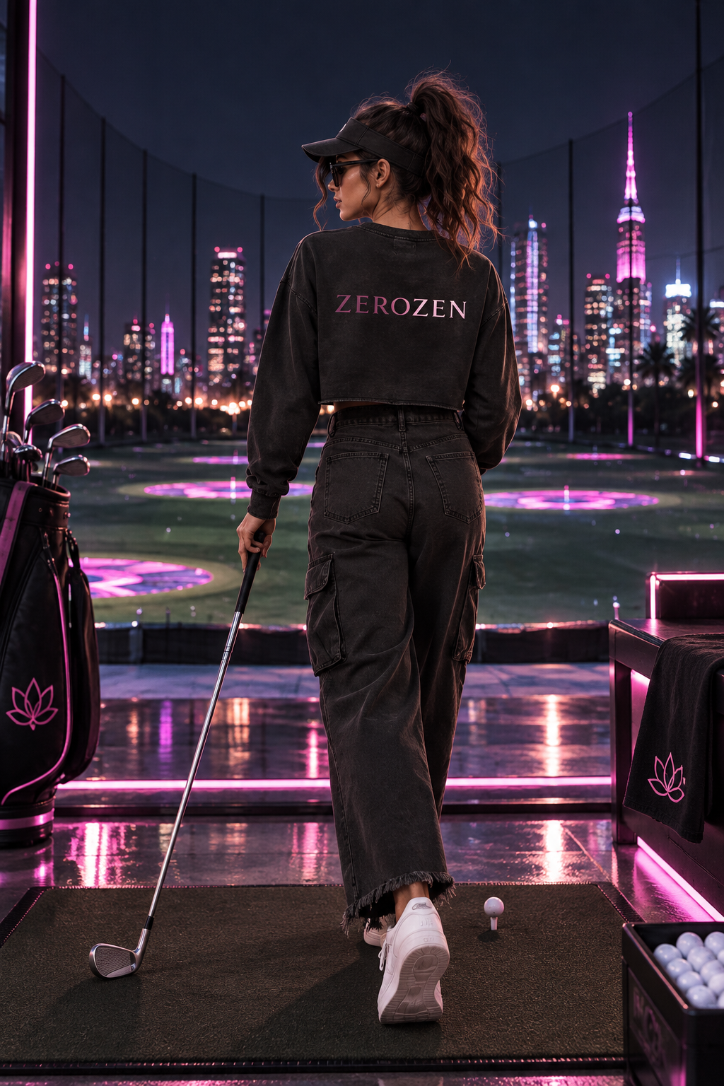 A woman stands on a golf driving range tee box at night, viewed from behind, wearing a black cropped sweatshirt with 'ZEROZEN' printed in pink on the back, black cargo pants, and white sneakers. A golf bag and balls are beside her, with a neon-lit city skyline in the background.