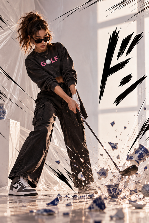 A woman in a black long-sleeve sweatshirt with a pink and white 'GOLF' graphic, black cargo pants, and black-and-white sneakers is captured mid-swing with a golf club, shattering blue glass. The scene is set in a bright, modern studio with dramatic black graphic overlays and debris.