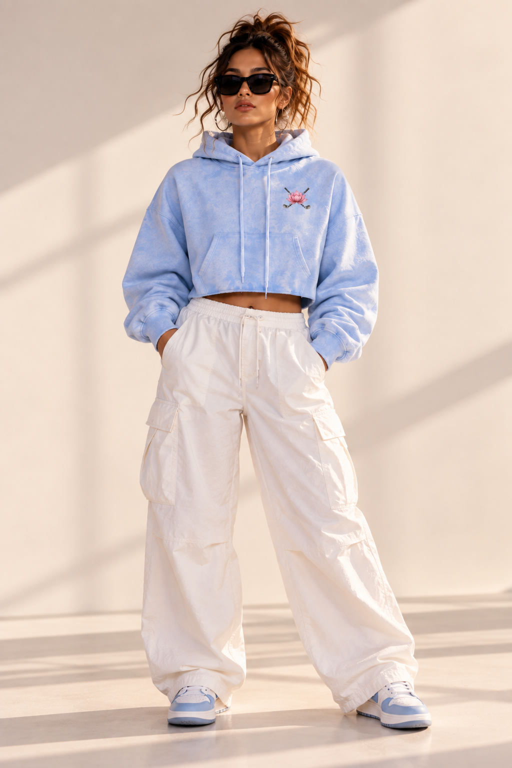 Caddie Crop Hoodie — Light Pink & Blue