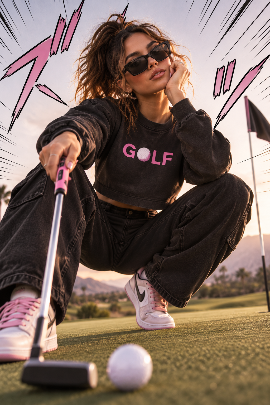 A woman crouches on a golf course wearing a black cropped sweatshirt with pink 'GOLF' text, black jeans, and white sneakers, holding a golf club near a golf ball. The background shows a sunset sky and distant hills, with comic-style sound effect graphics.